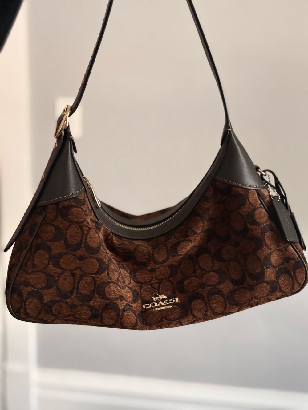 Coach Brown Signature Jacquard Shoulder Bag with Dark Leather Trim
